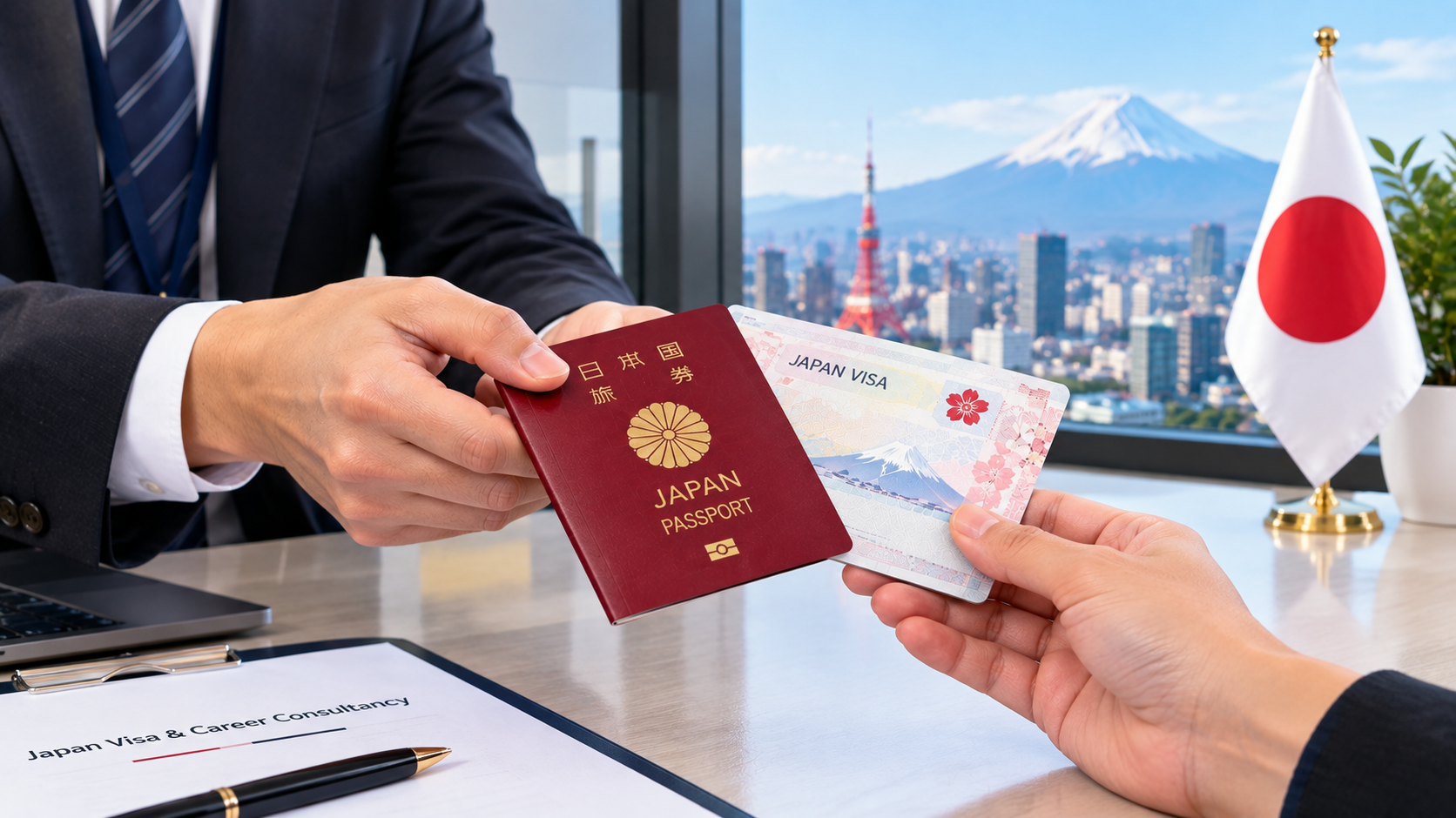 Consultant handing Japanese passport and Japan Visa document to a client